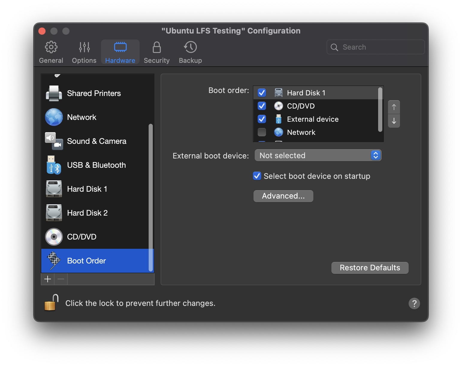 parallels boot settings